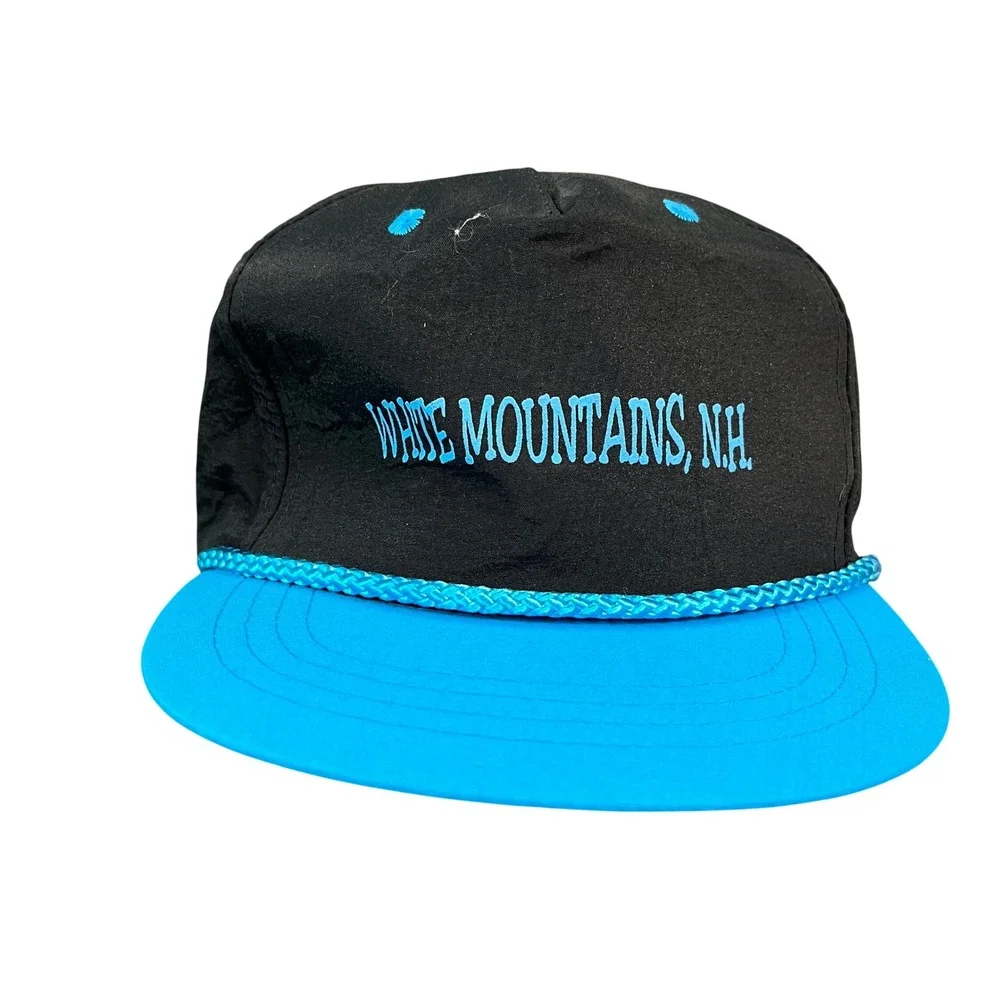 Vintage White Mountains NH Souvenir Hat Youth Nylon Snapback Black Blue Rope Cap